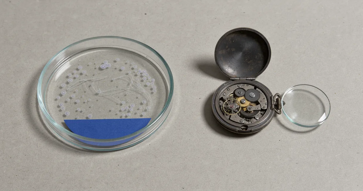 A circular culture dish beside an exposed mechanical watch on oatmeal paper