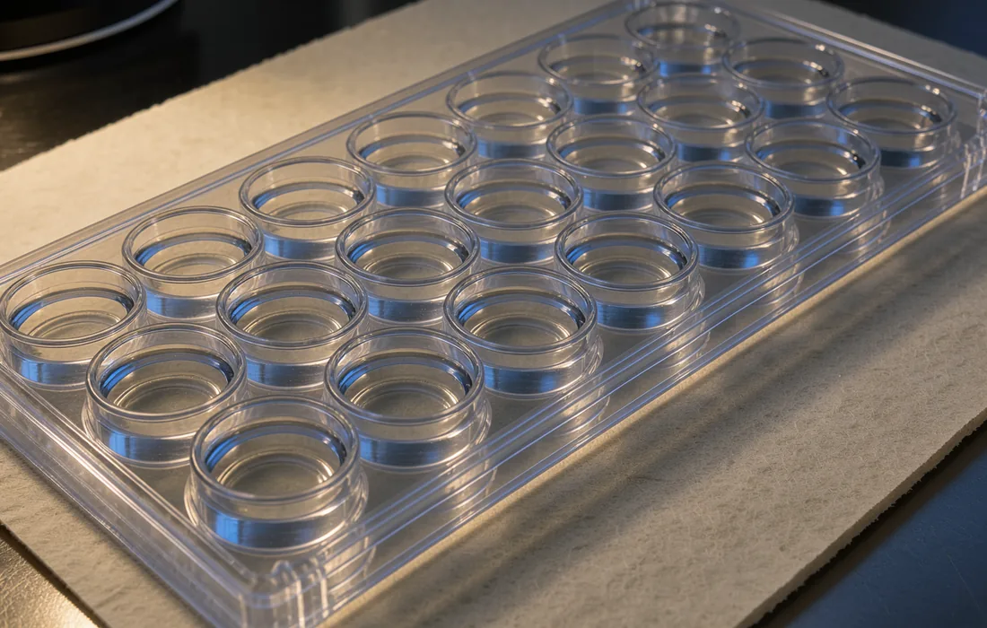 Clear culture wells reflecting an evening window on an oatmeal laboratory blotter