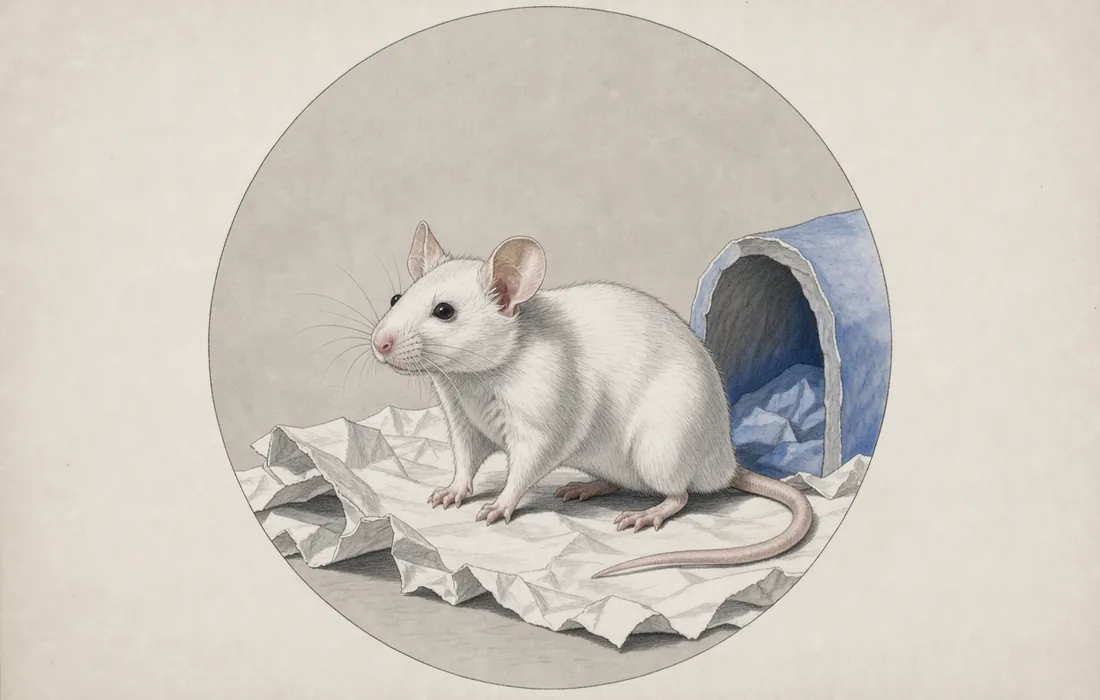 An illustrated white mouse beside a nesting shelter on paper bedding
