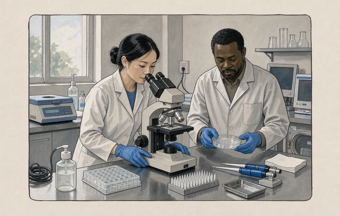 Two laboratory workers examining a culture dish beside an inverted microscope